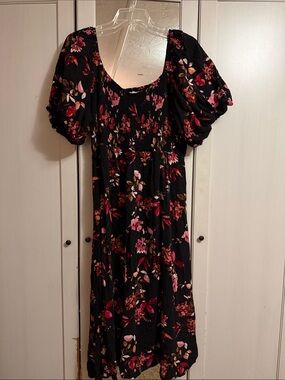 Maurices Black Midi Dress with Pink & Red Floral Print